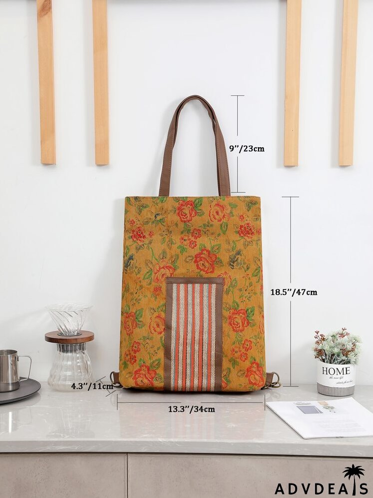Flower Graphic Striped Tote Bag