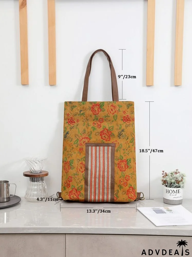 Flower Graphic Striped Tote Bag