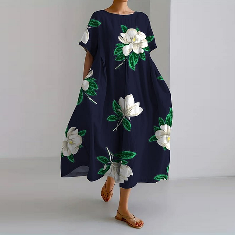 VChics Vintage Floral Art Print Casual Loose Dress