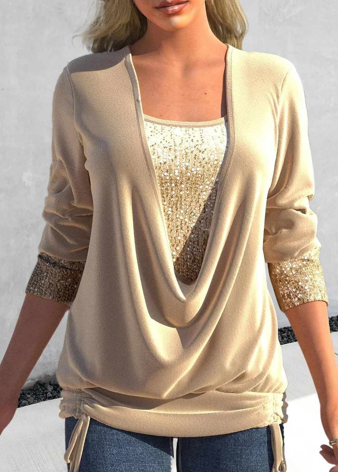 Uveng Sequin Contrast Solid Color Long-sleeved Large Drop Collar Blouses