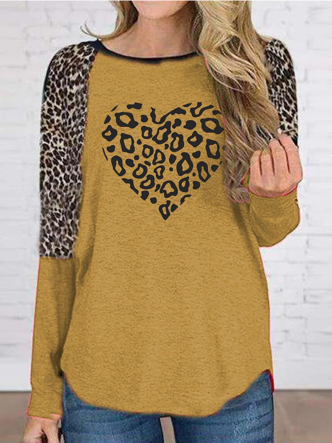 Leopard print stitching round neck long sleeve love T-shirt