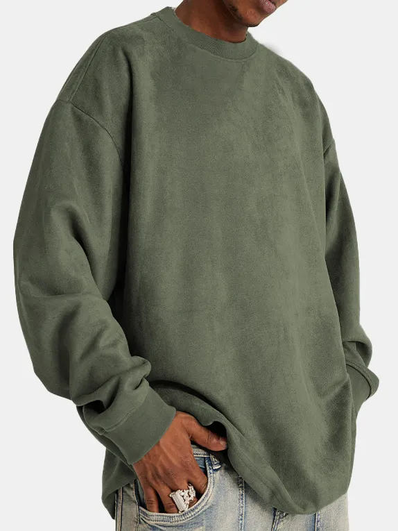 Men's Solid Color Comfort Suede Casual Crew Neck Long Sleeve T-Shirt PLUSCLOTHESMAN