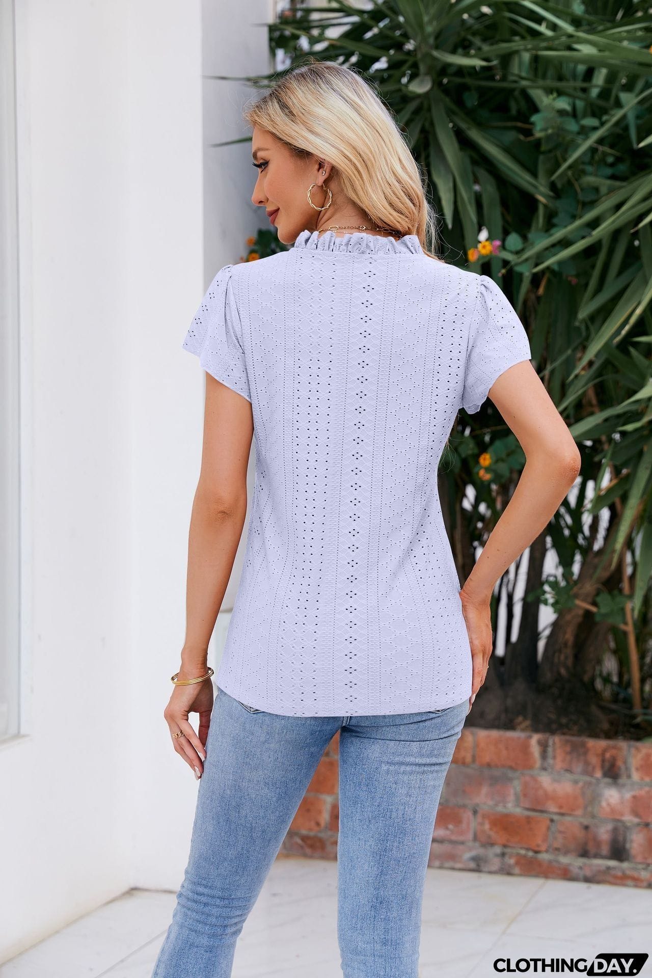 Notched Neck Puff Sleeve Blouse