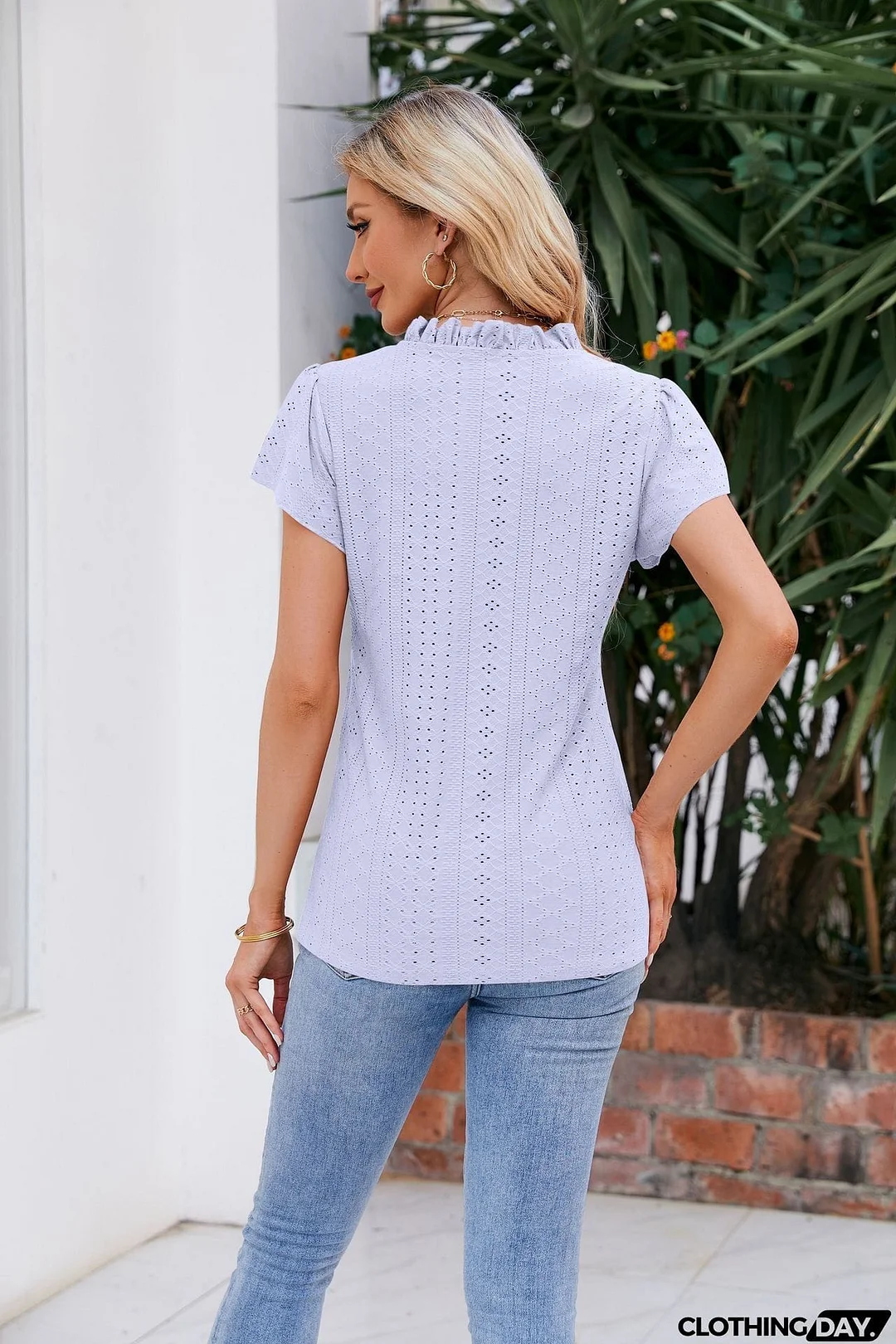 Notched Neck Puff Sleeve Blouse