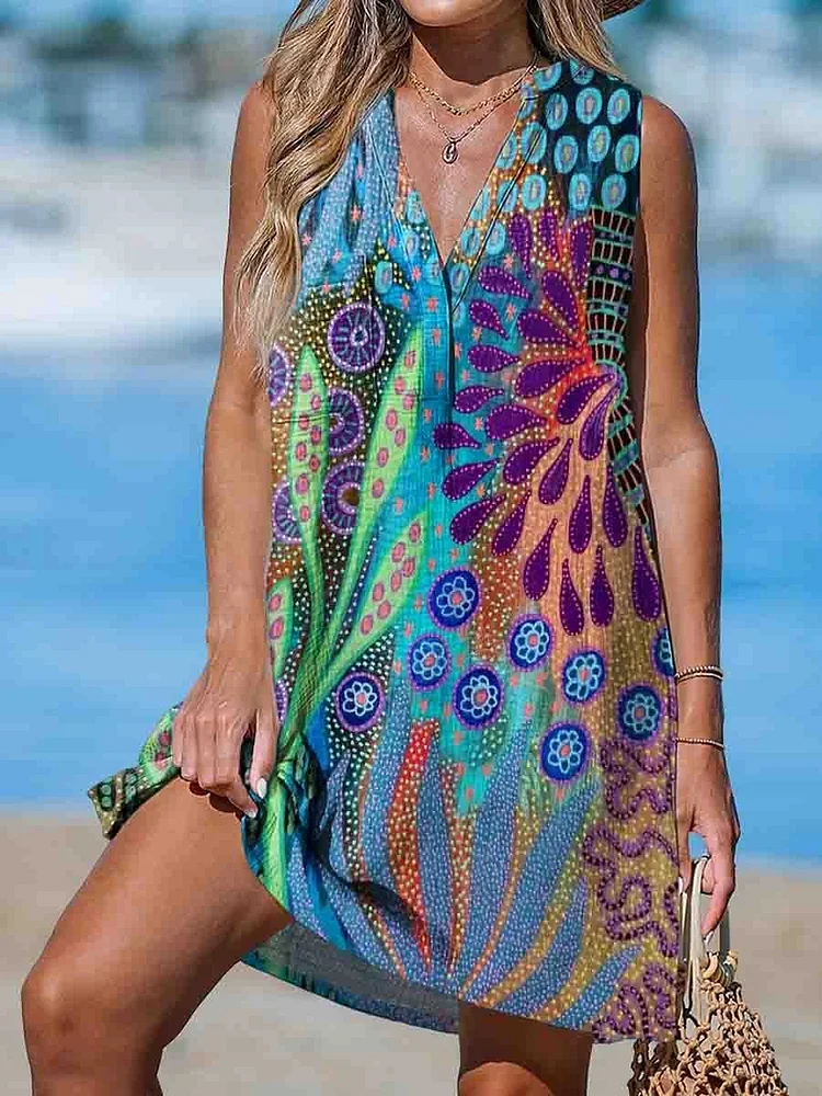 V-neck Sleeveless Floral Print Blue Beach Dress