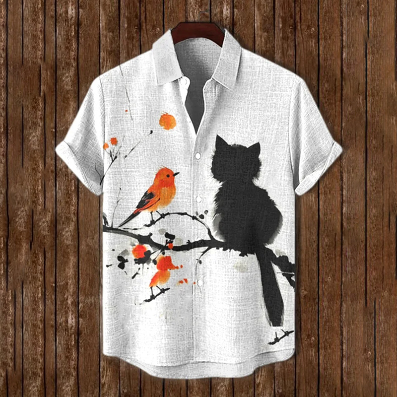 Men's Black Cat And Bird Ink Wash Art Print Short Sleeve Shirt  artssus