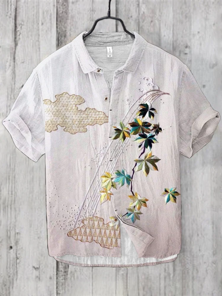 Maple Leaf Embroidery Japanese Art Linen Short Sleeve Shirt