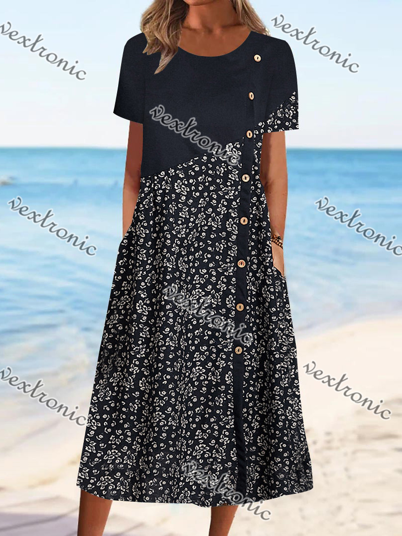 Women Half Sleeve V-neck Solid Color Dress