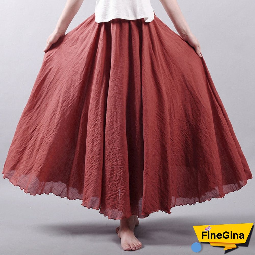 Women Linen Cotton Long Skirts Elastic Waist Pleated Maxi Skirts Beach Boho Vintage Summer Skirts Faldas Saia