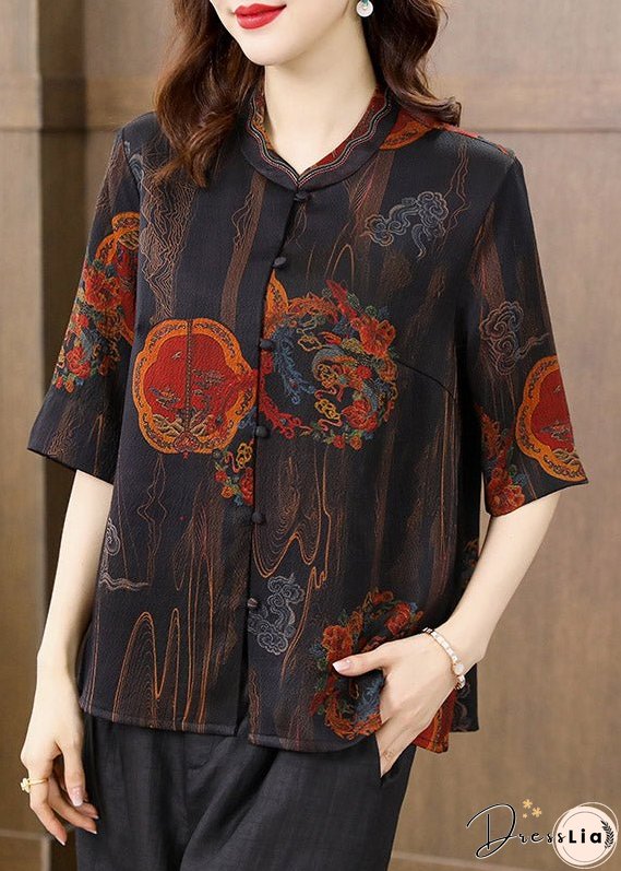 Unique Black Floral Peter Pan Collar Print Button Silk Shirt Half Sleeve
