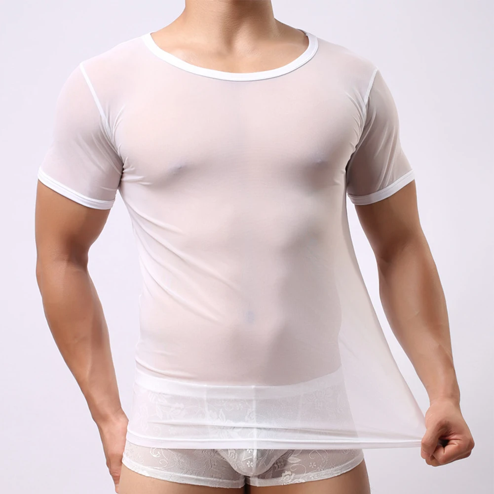 Sexy Men Mesh Fishnet Slim O-Neck See Through T-Shirt Muscle Top Short Sleeve Clubwear Party Slim Fitting Solid Male  T-shirt