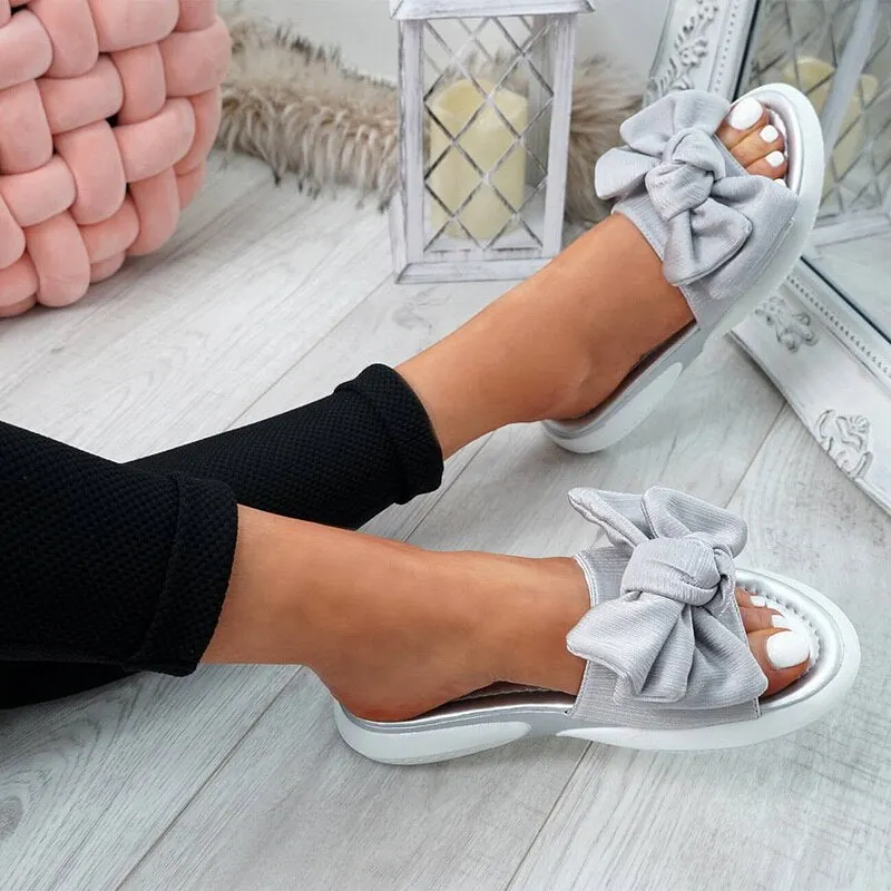 Women Sandals Slip On Sliders Peep Toe Ladies Bow Flats Casual Comfort Shoes Female 2019 Sandals Shoes Plus Size