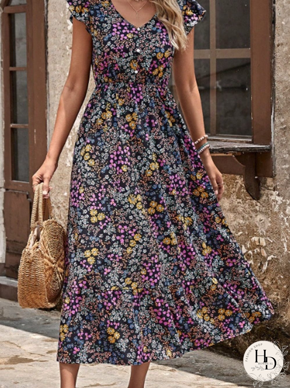 Elegant Black Floral V-Neck Midi Dress with Ruffle Sleeves