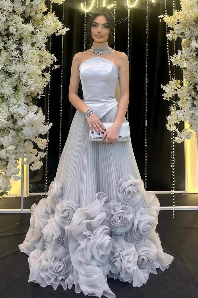 Oknass Strapless Sleeveless Long Prom Dress With Flower Pleated Ruffle