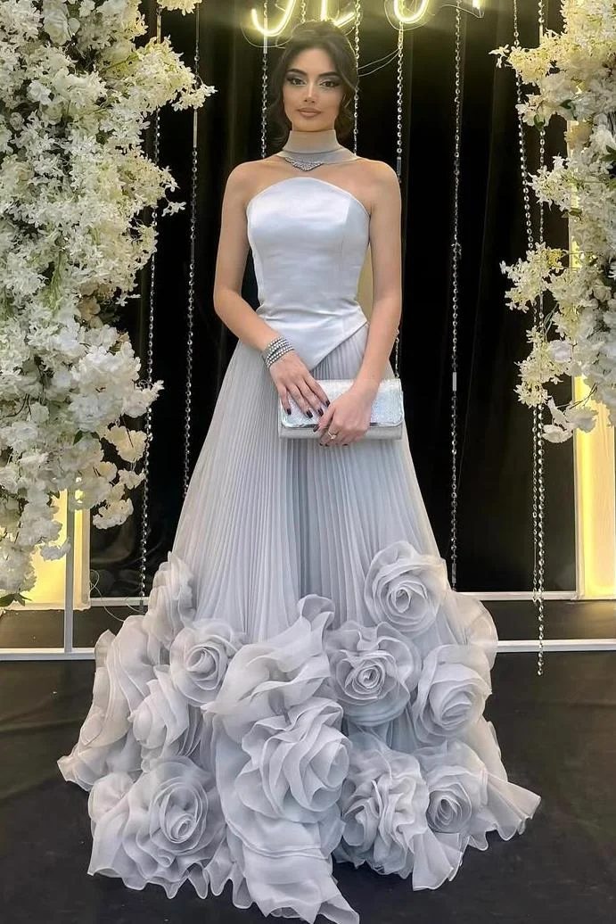 Strapless Sleeveless Long Prom Dress With Flower Pleated Ruffle XJ0625