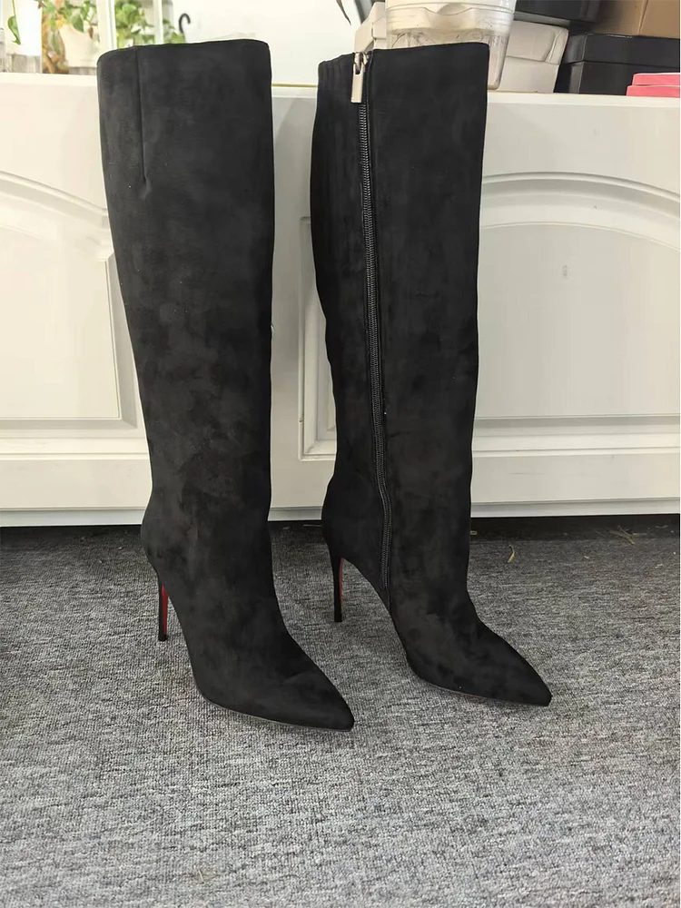 100mm Women's Stylish Zipper Pointed Toe Red Bottoms Suede Pumps High Heels Knee Boots