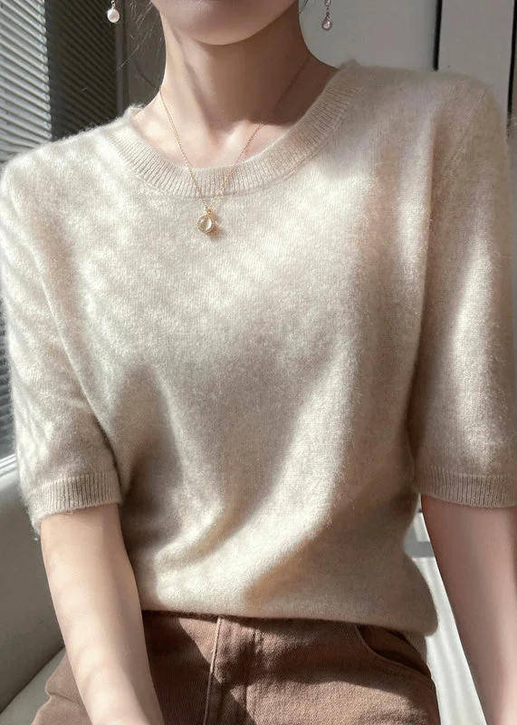 Elegant Apricot O Neck Cashmere Sweater Tops Half Sleeve