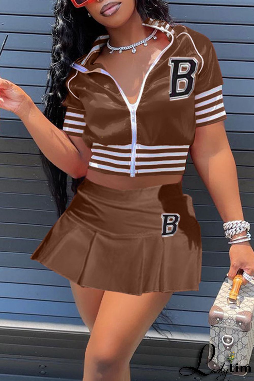 Blue Casual Street Print Split Joint Zipper Collar Short Sleeve Two Pieces