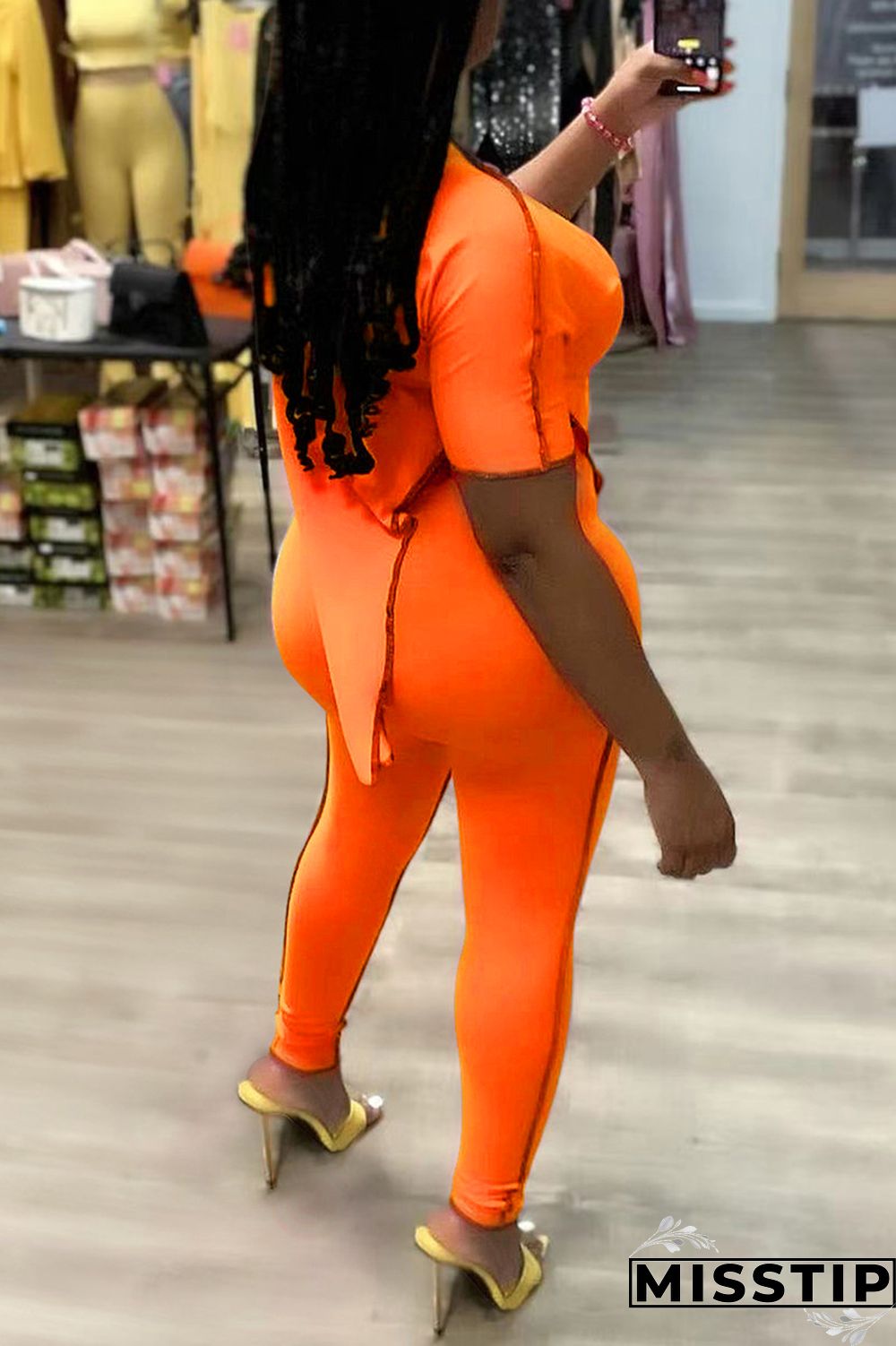 Orange Fashion Casual Solid Patchwork Asymmetrical O Neck Short Sleeve Two Pieces