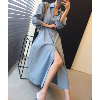 Women Vintage Full Sleeve Shirt Dress Autumn Slim Waist Ladies A-line Dress Vestidos Femme New