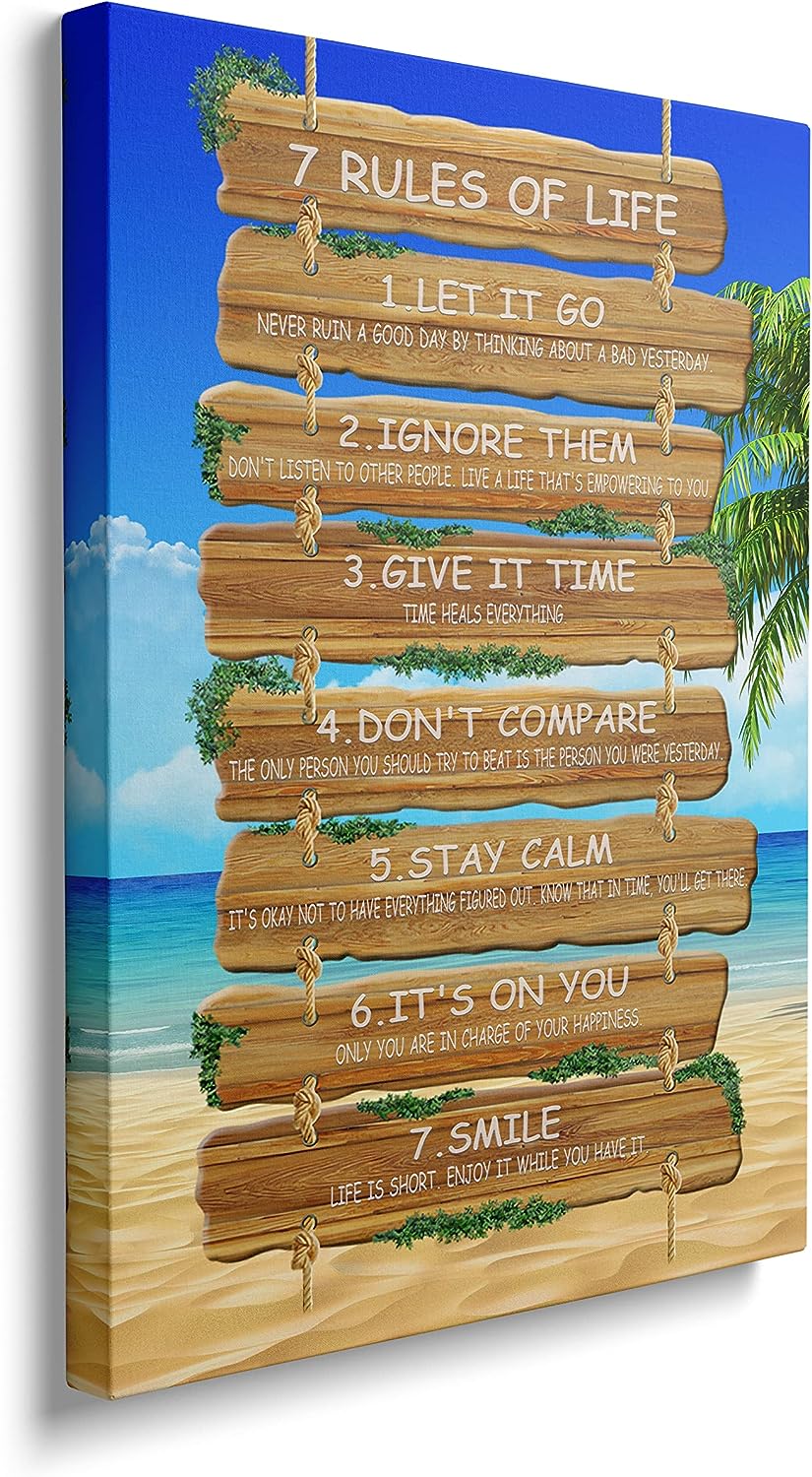 Framed Home Motivational Wall Art - 7 Rules Of Life Inspirational Canvas Wall Decor Beach Positive Quotes Living Room Rustic Gift For Bedroom Bathroom Ready To Hang (12x16 INCH) 12x16 INCH