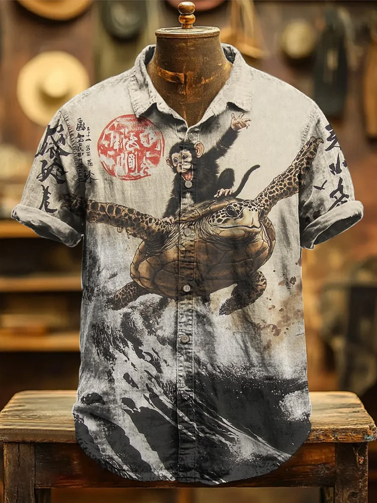 Men's Turtle And Monkey Japanese Art Print Casual Shirt