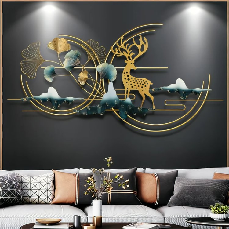 Homemys Nordic 3D Metal Ginkgo Leaf Elk Landscape Home Wall Decor Art