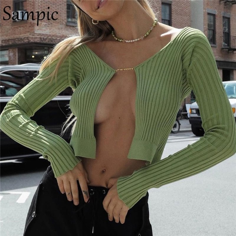 Sampic Casual Skinny Winter Long Sleeve Cropped Knitwear Fashion Basic Tops Women 2021 Knitted Green Sexy Y2K Cardigans Sweater