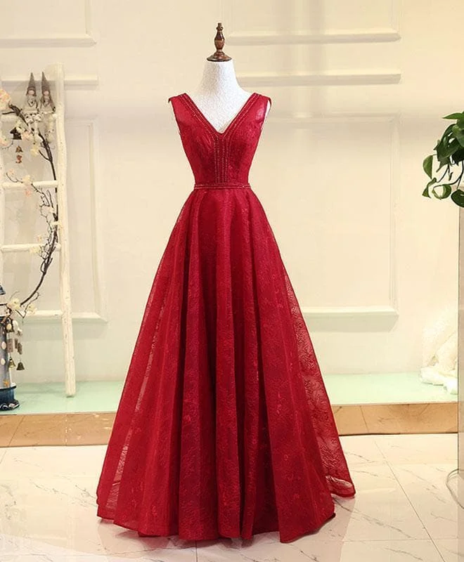 Burgundy V Neck Lace Long Prom Gown, Burgundy Evening Dress