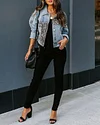 Cropped Denim Jacket with Leopard Print Panel Lapel