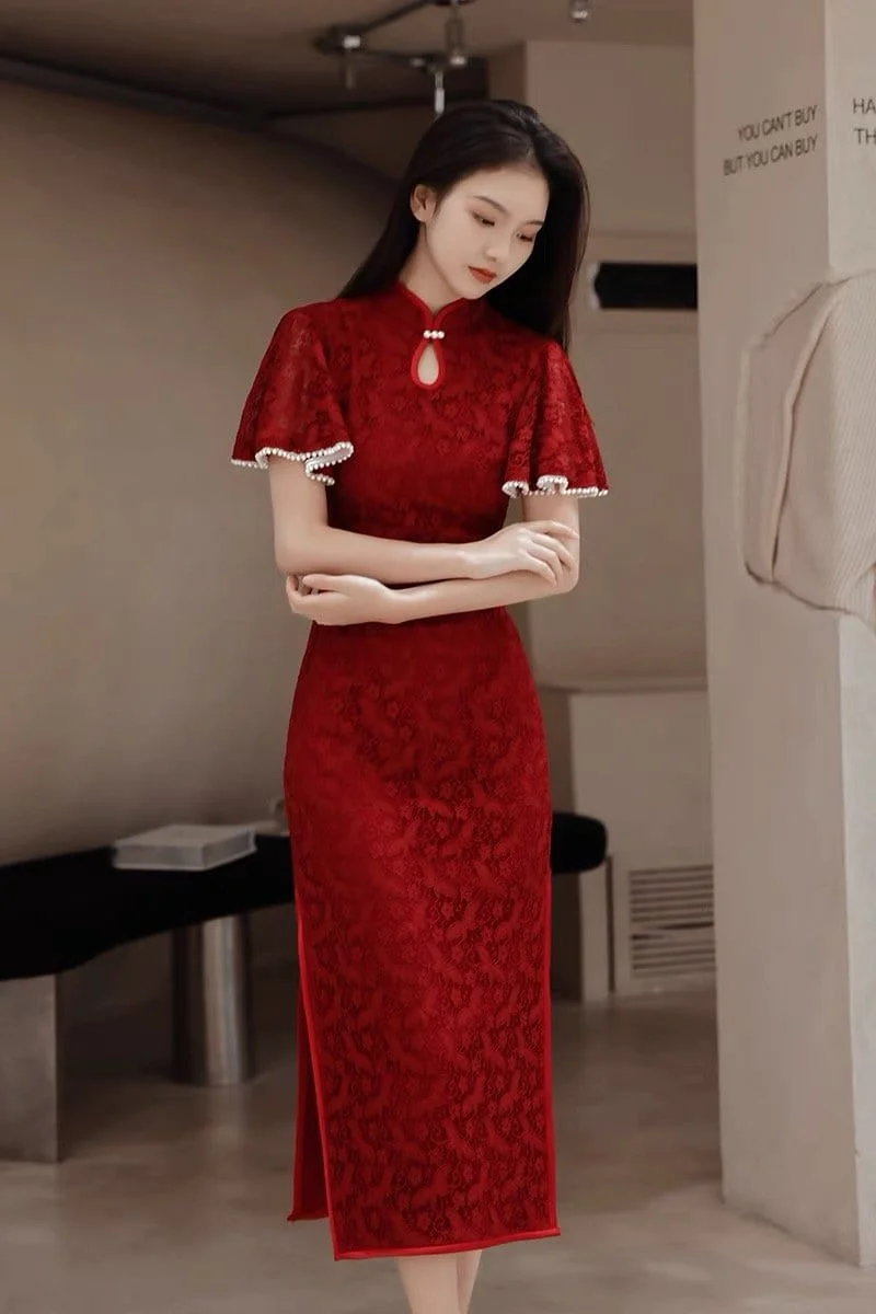 Butterfly pattern, lace mid-length Qipao with lotus leaf sleeves