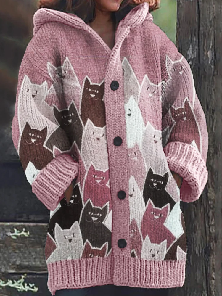 Crowded Cats Denim Patchwork Art Cozy Knit Hooded Cardigan