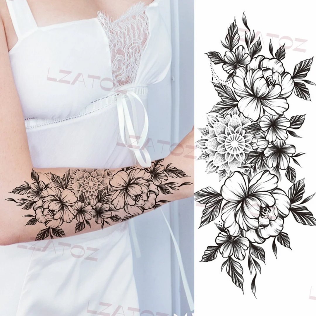 Sdrawing Big Letters Temporary Tattoos For Men Women Moon Pendant Peony Fake Tattoo Sticker Custom Armband Fashion Disposable Tatoo