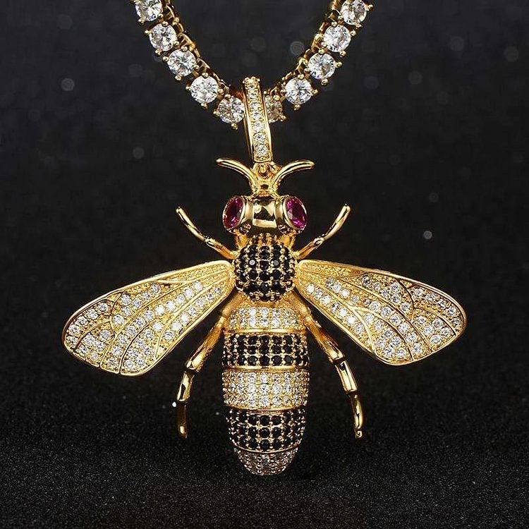 Iced Out Cubic Gold Bee Pendant Necklace Hip Hop Jewelry