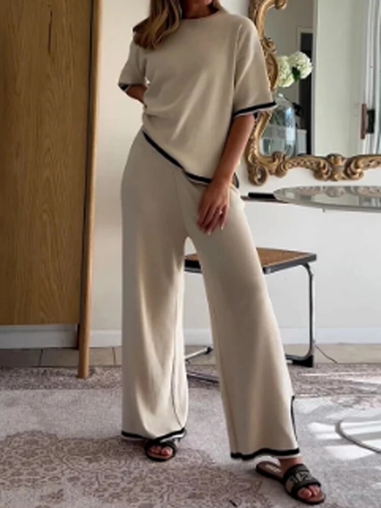 Ootddress Contrast Knit Trousers 2 Piece-Set Female Slim Patchwork Loose Casual Streetwear Pullover And Wide Leg Women's Pants Sets