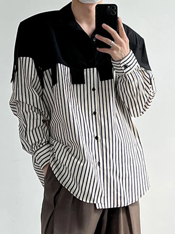 Aonga - Mens Striped Patchwork Long Sleeve Loose Shirt