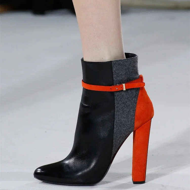 Red and Black Chunky Heel Ankle Boots with Buckle for Work. Vdcoo