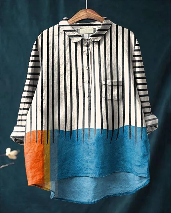 Bohemian Striped Color Block Abstract Art Cotton and Linen Shirt
