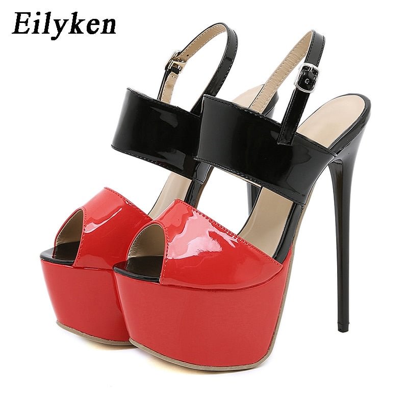 Eilyken Black High Quality Patent Leather Women Platform Sandals Fashion Open Toe Ankle Buckle Strap Stiletto Heels Shoes