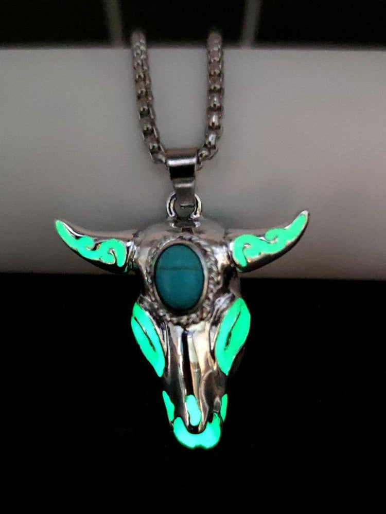 Turquoise Skull Bull Head Stainless Steel Glow Necklace Green Light / 70Cm