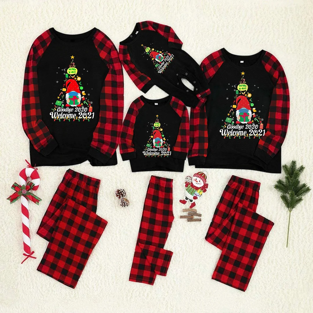 Family Matching Letter Contrast top and Buffalo Plaid Pants Pajamas Sets