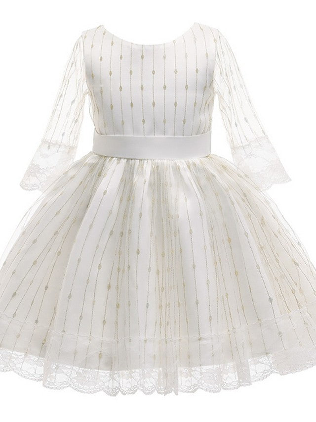 Oknass Ball Gown 3/4 Length Sleeve Jewel Neck Flower Girl Dresses Tulle  With Lace