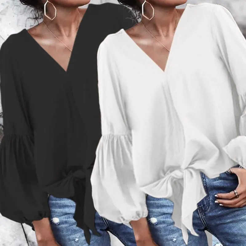 Women Stylish Tops Elegant Office Work Shirts Long Lantern Sleeve Sexy V-Neck Casual Bow