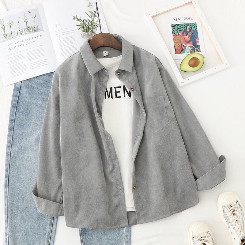 Corduroy Women Blouses Shirts Tunic Womens Tops 2021 Long Sleeve Clothing Button Up Down Loose White New Fashion Design Good