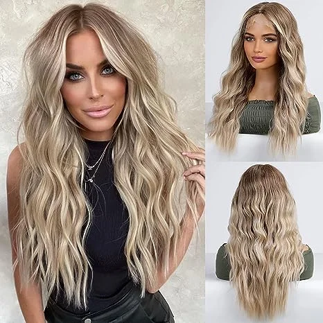 Long Ombre Blonde mixed Brown Highlight Wavy Wig for Women