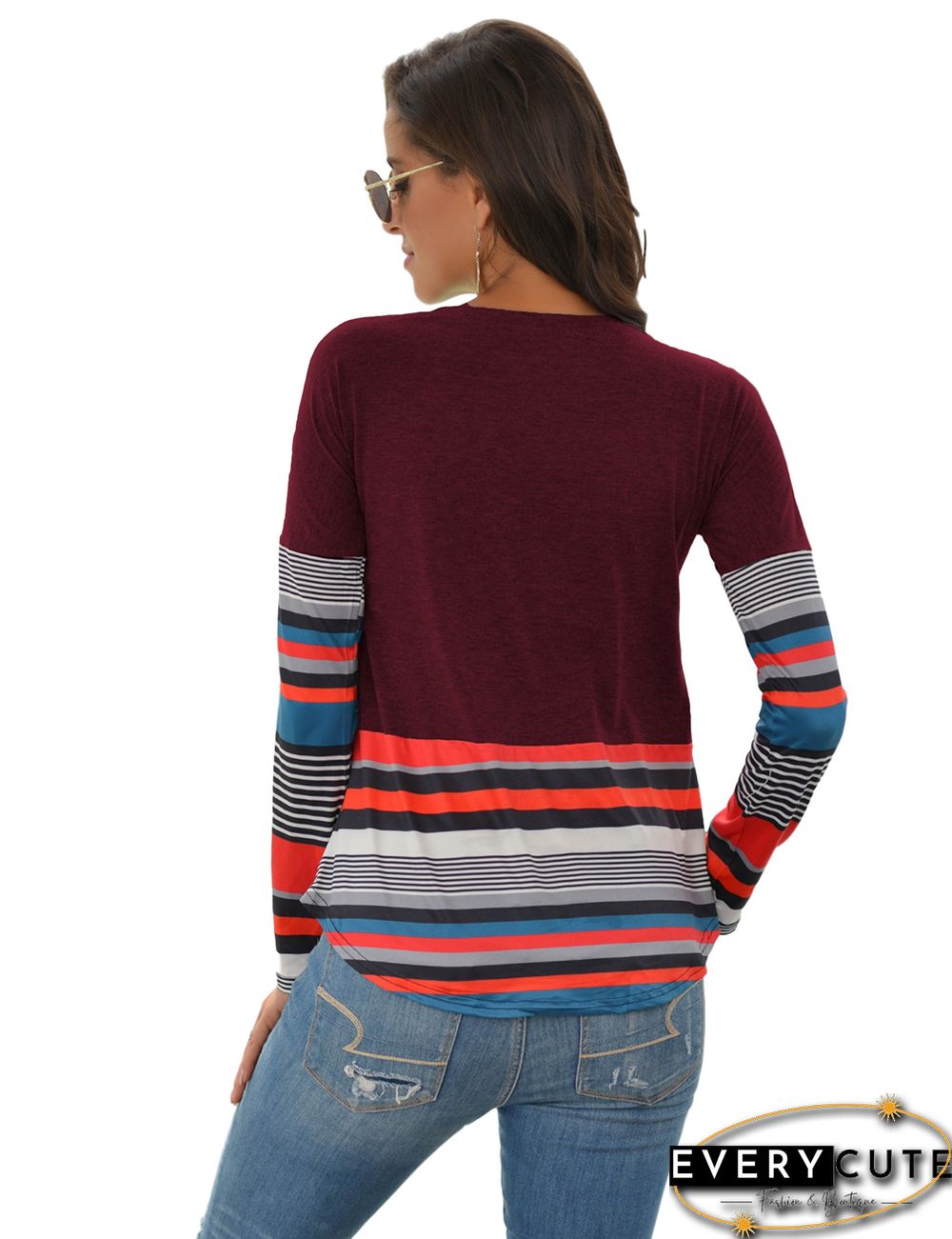 Wine Red Striped Colorlock Long Sleeve Top