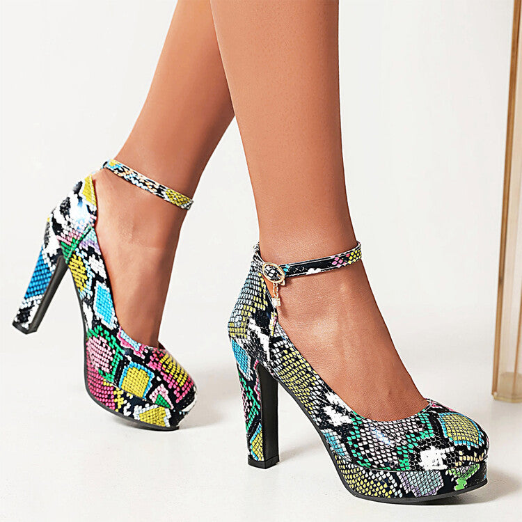 Lady's snakeskin pattern chunky platform high heels pumps ankle strap chunky high heels pumps