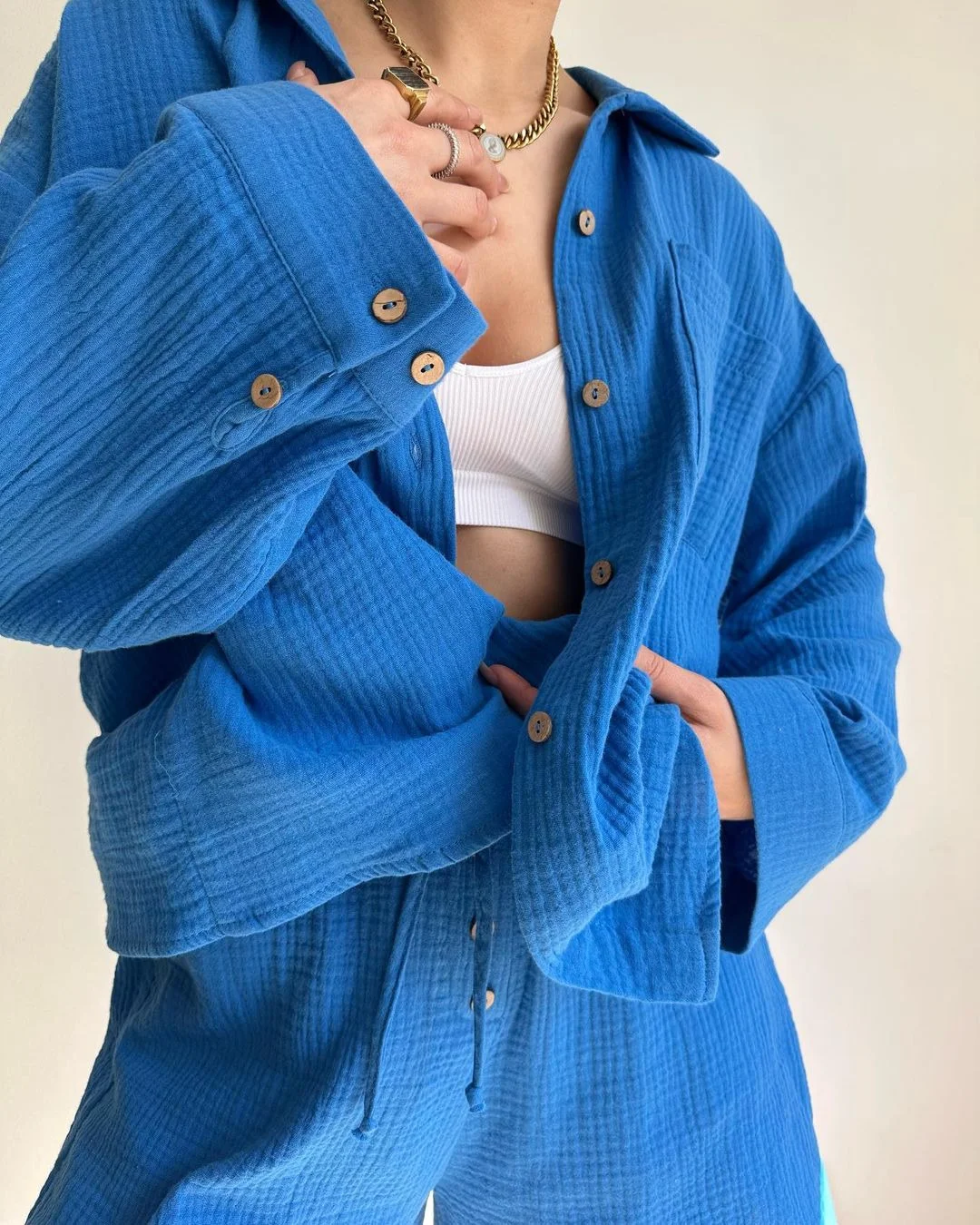 Nigikala Nigikala Women's Wrinkle Collar Long-Sleeved Shirt High-Waisted Rope Shorts Fashion Casual Two-Piece Set