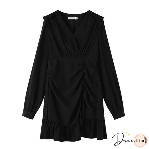 Back College Draped Mini Dress Women Casual High Street French Long Sleeve Waist Party