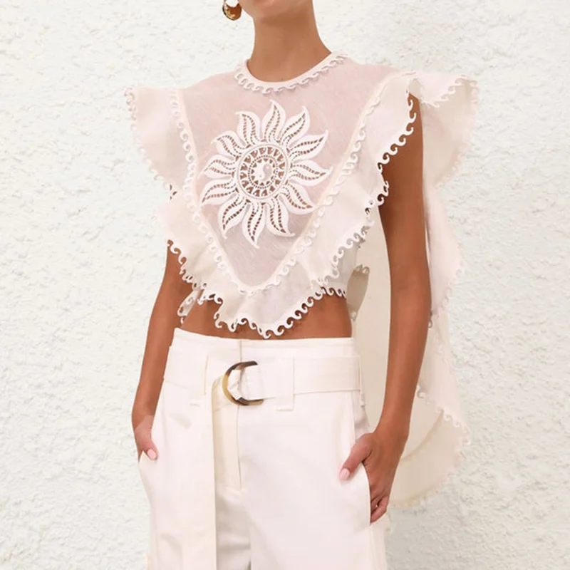 Camicia con maniche a volant ricamate Fashion Hollow